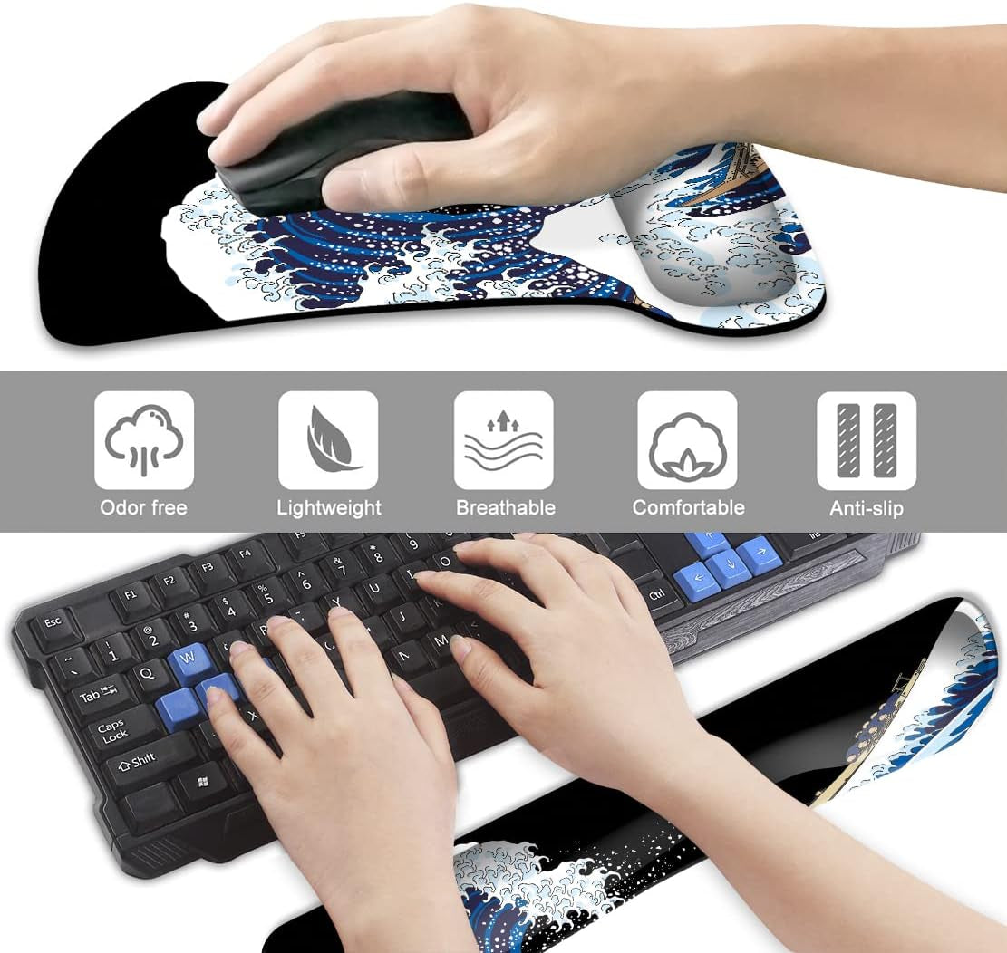 DOOKE Keyboard Wrist Rest Pad and Mouse Wrist Rest Support, Comfort Wrist Rest Pad with Non-Slip Rubber Base & Memory Foam Support for Working Gaming Fatigue Pain Relief the Great Wave