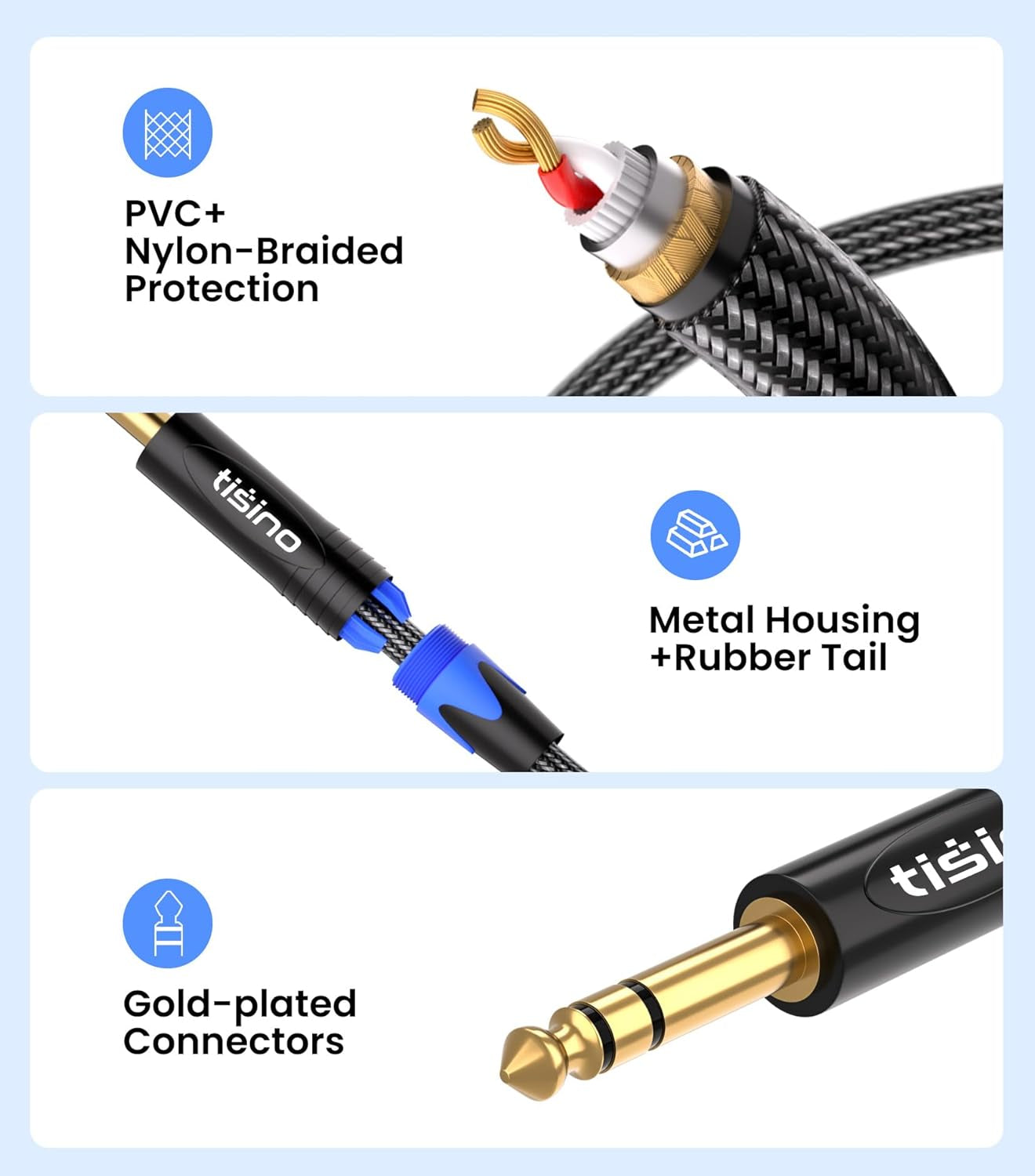 Tisino 1/4 Inch TRS Cable, Quarter Inch 1/4 TRS to TRS Balanced Stereo Audio Cable Male to Male Pro Interconnect Cable Guitar Cable, Nylon Braid - 3 FT