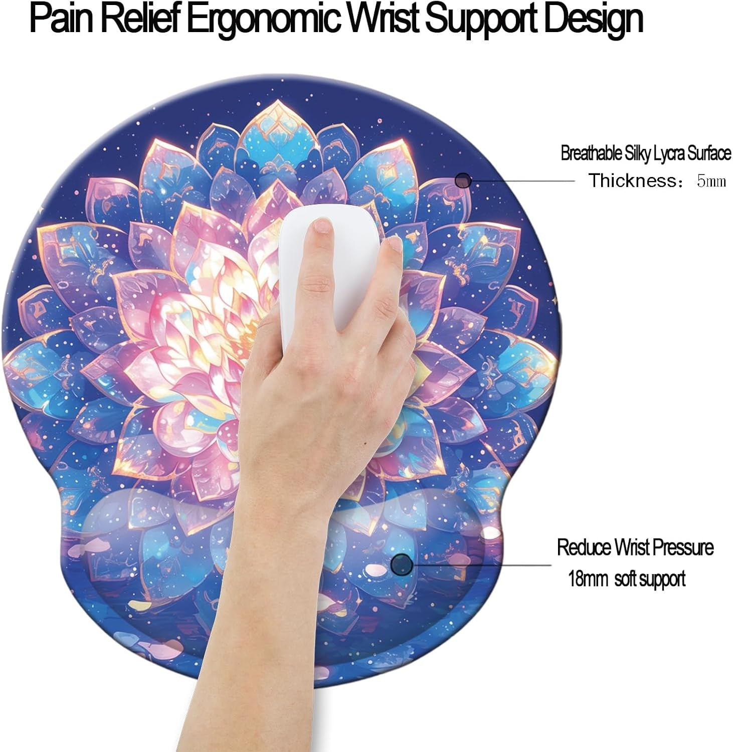 Ergonomic Memory Foam Wrist Support Mouse Pad Comfortable Padded Wrist Mousepads 9In X10In Pain Relief Desktop Mouse Mat (Beautiful Mandala Foam)