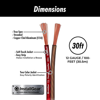 Installgear 12 Gauge AWG 30Ft Speaker Wire True Spec and Soft Touch Cable - Speaker Wire 12 Gauge - Red/Black (Great Use for Car Speakers Stereos, Home Theater Speakers, Surround Sound, Radio)