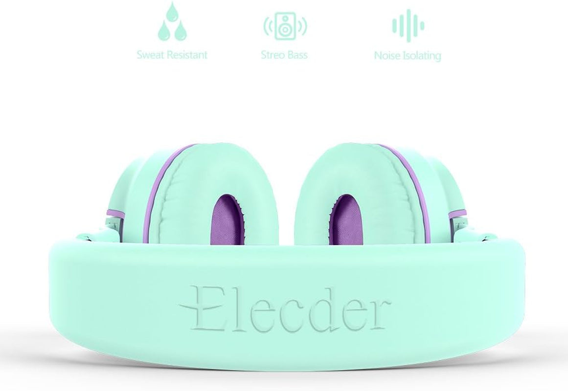 ELECDER I36 Kids Headphones Children Girls Boys Teens Foldable Adjustable on Ear Headphones 3.5Mm Jack Compatible Cellphones Computer Kindle MP3/4 School Tablet Green/Purple