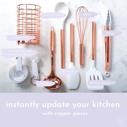 White Silicone and Copper Kitchen Utensils Set with Holder - 17-Piece Rose Gold Cooking Tools for Nonstick Cookware, with Measuring Cups, Spoons, & Utensil Holder - Stylish Copper Kitchen Accessories