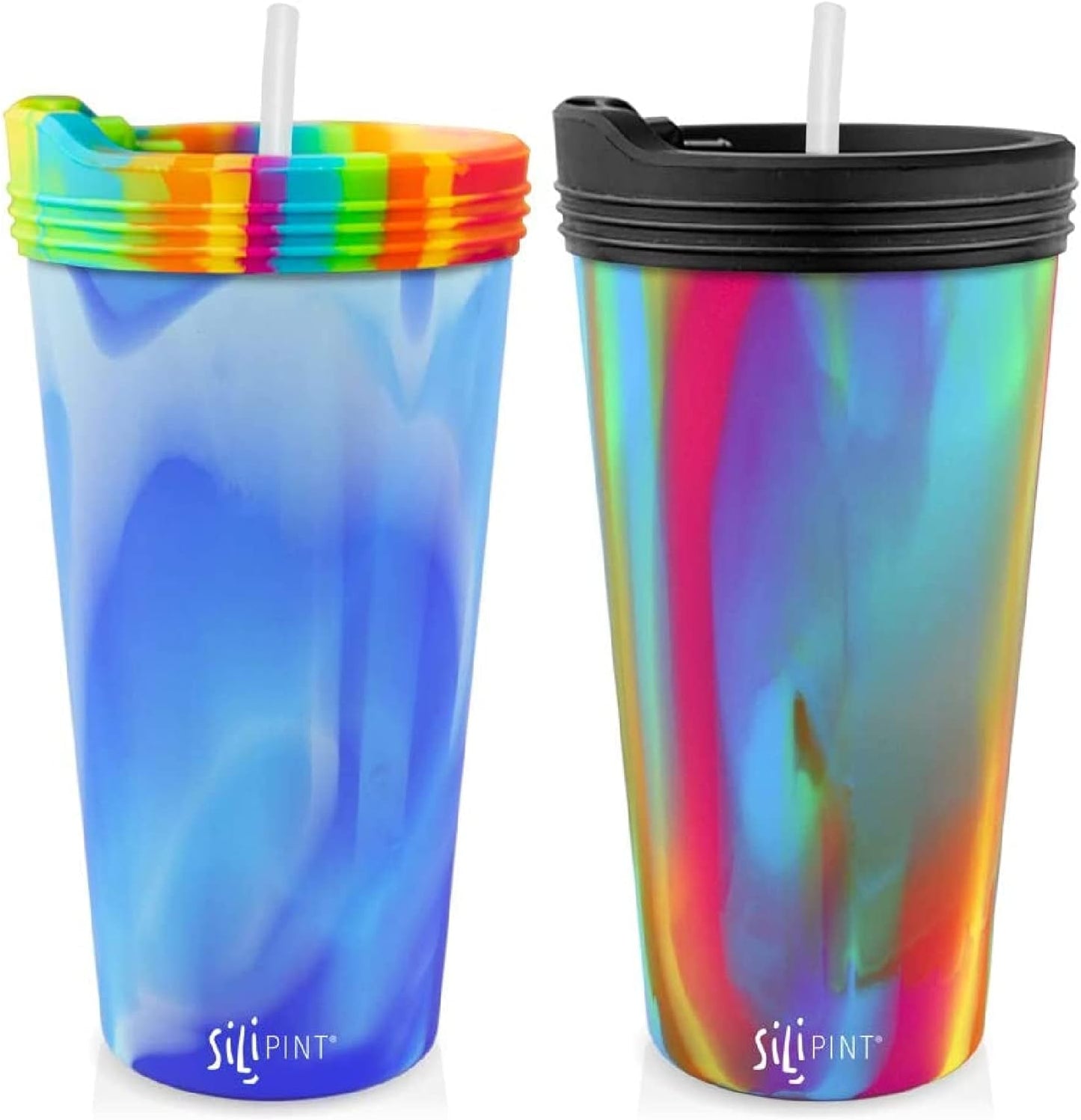 Silipint 22-Ounce Silicone Tumbler Cups with Lids and Straws, Unbreakable, Reusable, and Versatile Cups for Travel, Hiking, Camping, Sports, and Outdoors, Arctic Sky & Hippy Hop, Pack of 2