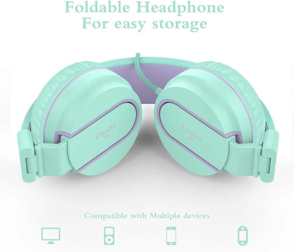 ELECDER I36 Kids Headphones Children Girls Boys Teens Foldable Adjustable on Ear Headphones 3.5Mm Jack Compatible Cellphones Computer Kindle MP3/4 School Tablet Green/Purple