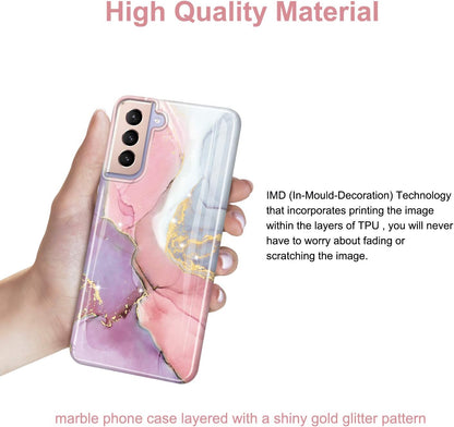 JIAXIUFEN Galaxy S21 Case Gold Sparkle Glitter Marble Slim Shockproof TPU Soft Rubber Silicone Cover Phone Case for Samsung Galaxy S21 5G 6.2 Inch 2021 Pink Purple