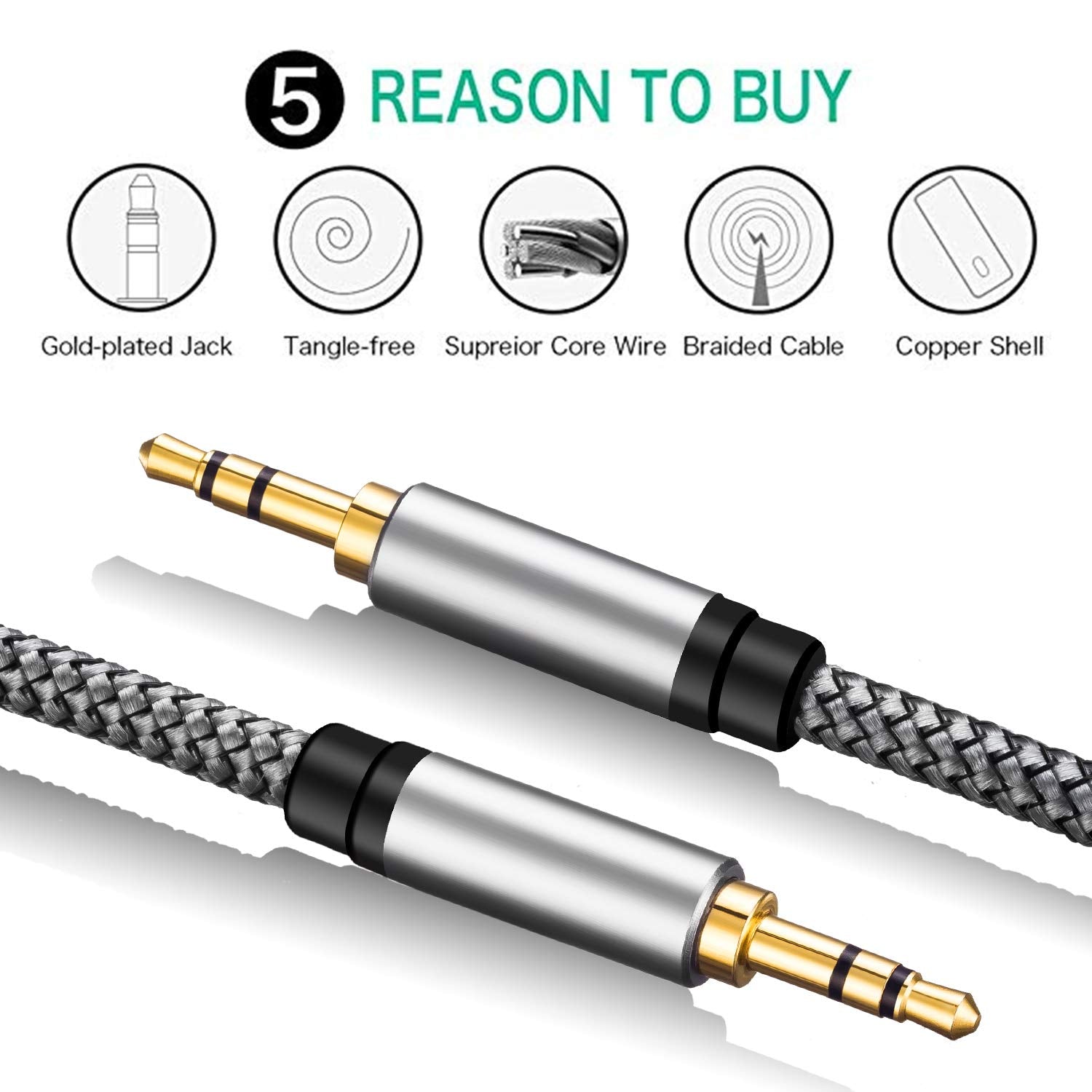 Tan QY 3.5Mm Nylon Braided Aux Cable 15Ft, Audio Auxiliary Input Adapter Male to Male Cord for Headphones, Car, Home Stereos, Speaker, Iphone, Ipad, Ipod & More(15Ft/5M, Silver)