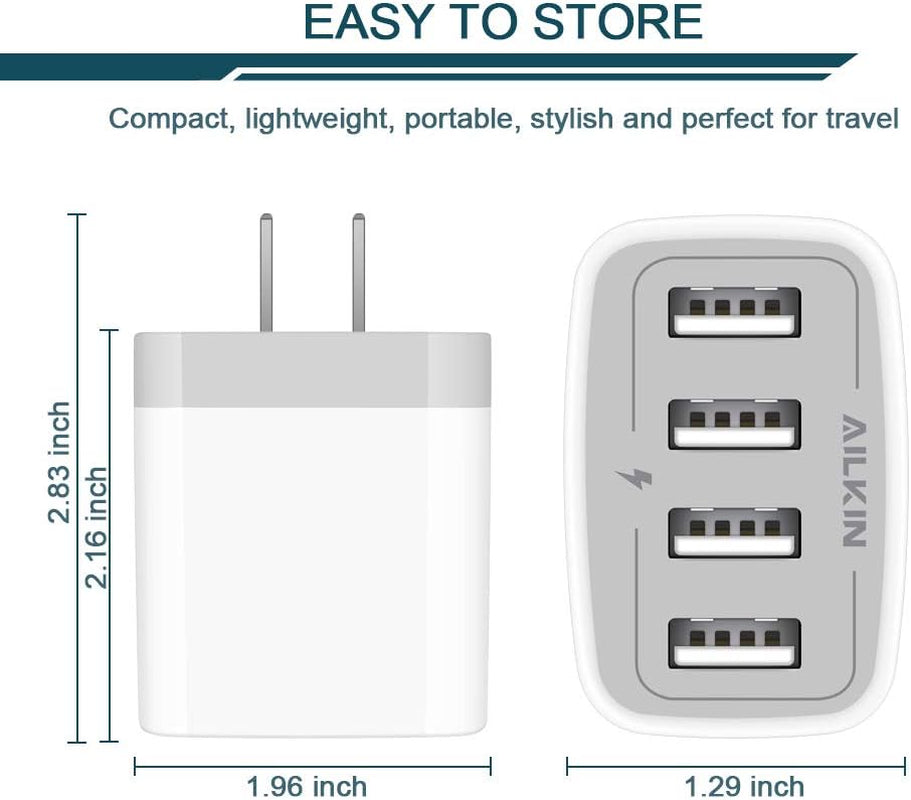 AILKIN USB Charger Adapter, 2-Pack 4.8A 4-Muti Port Phone Wall Plug Fast Charging Block Box for Iphone 15 14 13 12 Pro Max 11 SE 10 XR XS X 8 7, Samsung Galaxy, Moto, LG, Pixel, Power Cube Base Brick