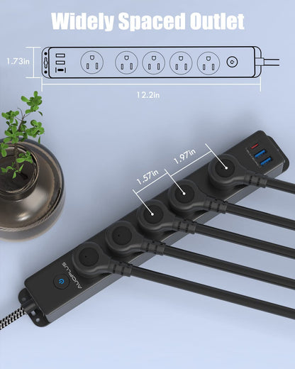 Surge Protector Power Strip with USB C Ports, 5FT Braided Extension Cord, 5 Outlets and 3 USB Ports(1 USB C), AUOPLUS Mountable Power Strips Flat Plug with Overload Protection