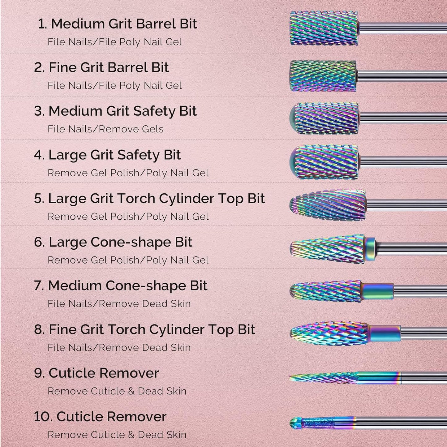 Melodysusie Nail Drill Bits Set, 10Pcs Tungsten Carbide Nail Bits for Nail Drill E-File, 3/32 Inch Bits Manicure Pedicure Remover Tools for Acrylic Gel Nails, Salon Home Nail Care Supplies, Colorful