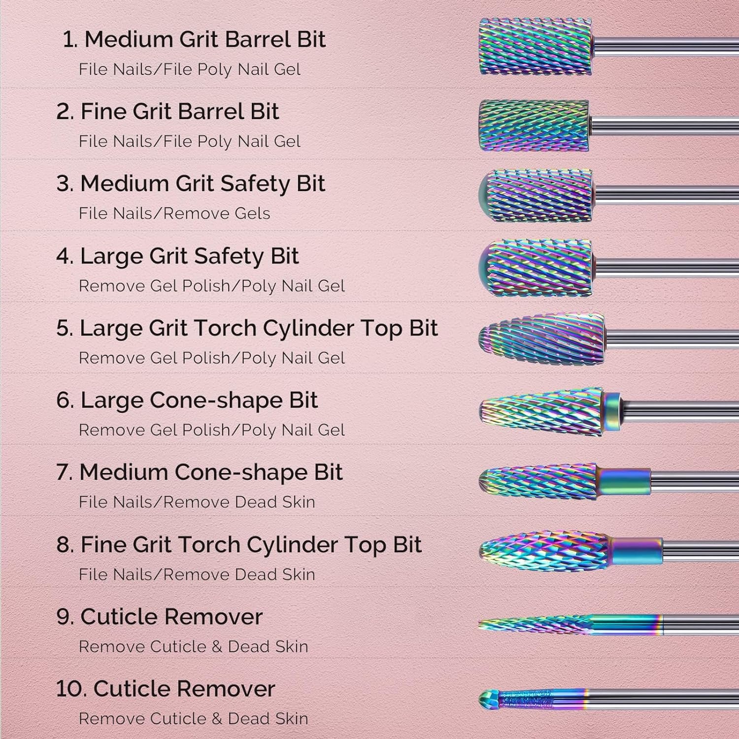 Melodysusie Nail Drill Bits Set, 10Pcs Tungsten Carbide Nail Bits for Nail Drill E-File, 3/32 Inch Bits Manicure Pedicure Remover Tools for Acrylic Gel Nails, Salon Home Nail Care Supplies, Colorful