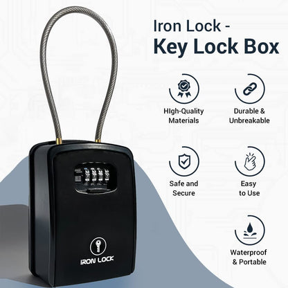 Iron Lock® XXL Key Lock Box Portable and Wall Mounted with Removable Cable Shackle Waterproof Indoor Outdoor 4 Digit Combination with Resettable Code with a B Switch Extra Large Key Lockbox Outside