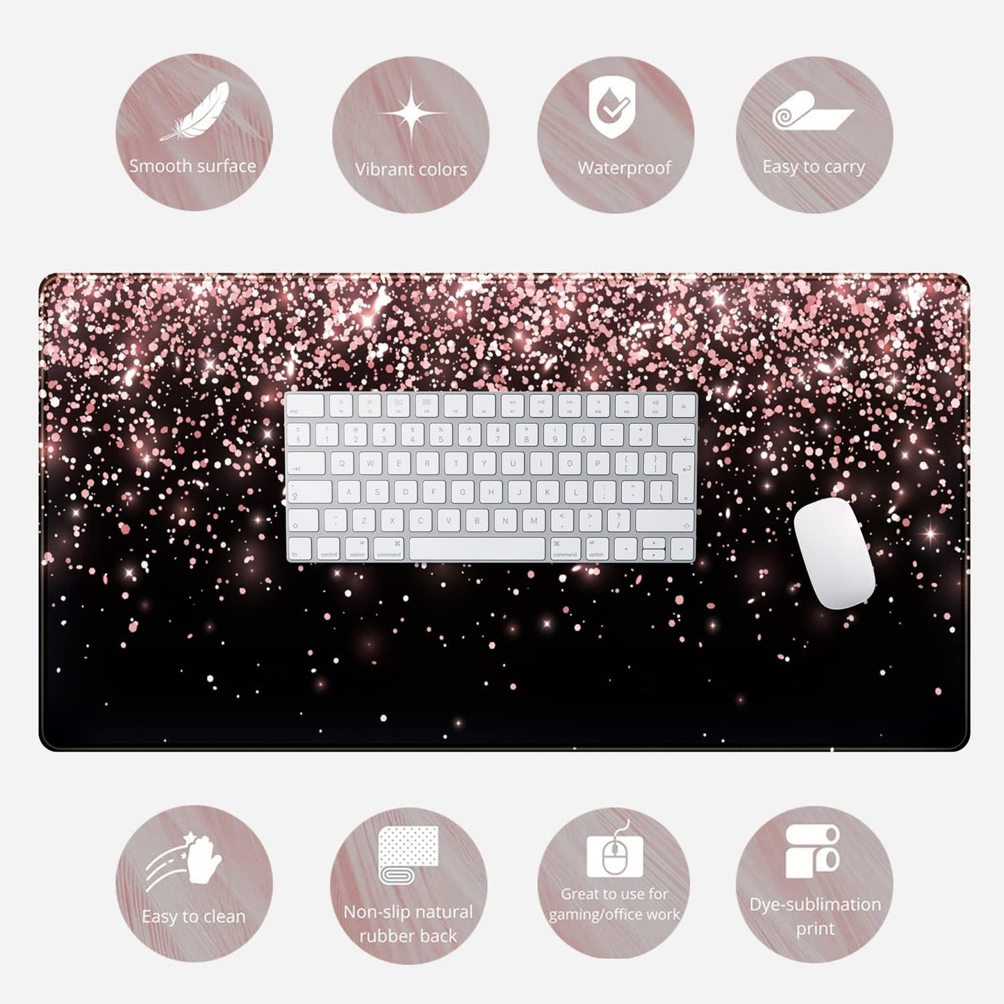 Rose Gold Glitter Black Desk Mat Extended Mouse Pad XXL Office Desk 31.5X15.7 in Accessories for Women Girl Gamer Full Desk Large Gaming XXL Mousepad Laptop Computers Keyboard Office Mouse Mat