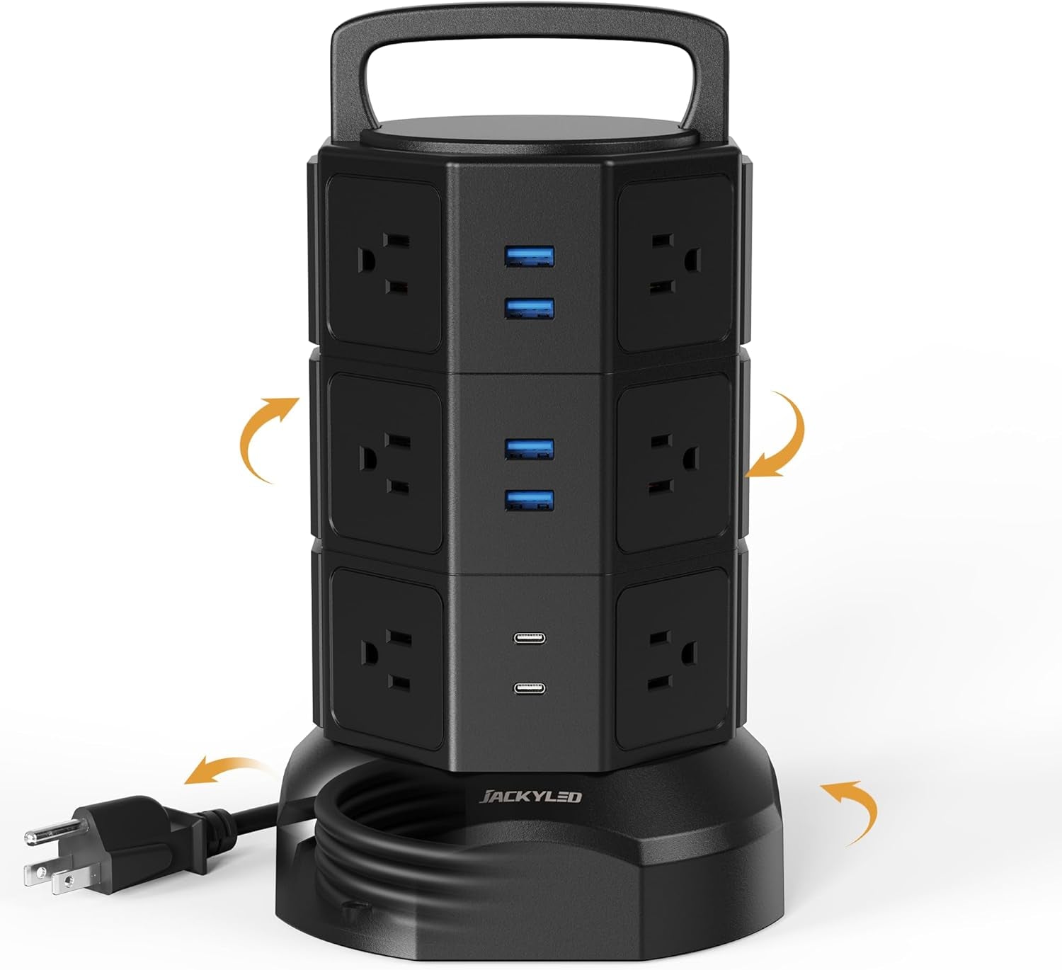 Power Strip Tower Surge Protector, JACKYLED 1625W 13A Outlet Surge Electric Tower, 12 Outlets 6 USB Ports Charging Station with 16AWG 6.5Ft Heavy Duty Extension Cord for Home Office Dorm Black