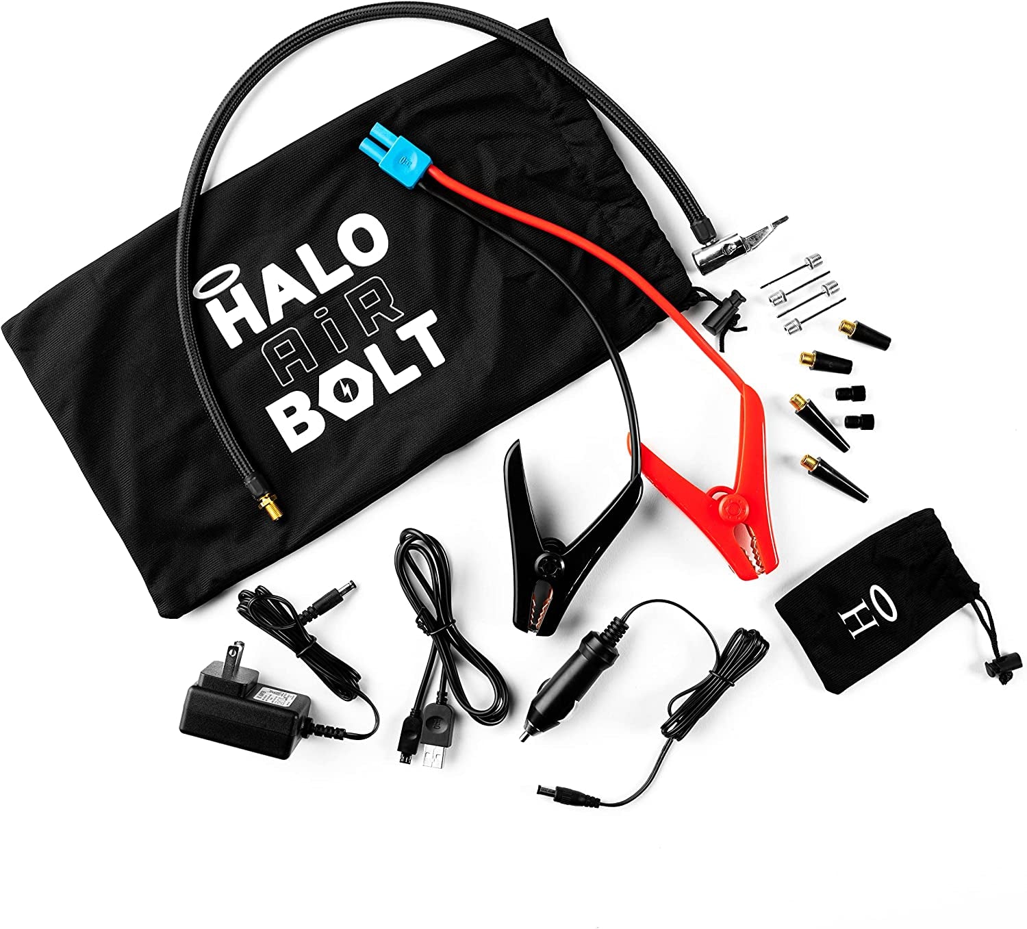 Halo Bolt Air 58830 Mwh Portable Emergency Power Kit with Tire Pump, 4 Interchangeable Air Nozzles, Extra Accessory Kit, Car Jump Starter, and Car Charger - Grey