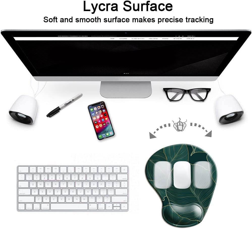 HOPONY Ergonomic Mouse Pad with Wrist Support Gel Mouse Pad with Wrist Rest, Comfortable Computer Mouse Pad for Laptop, Pain Relief Mousepad with Non-Slip Rubber Base, 9 X 10 In,Green Leaves