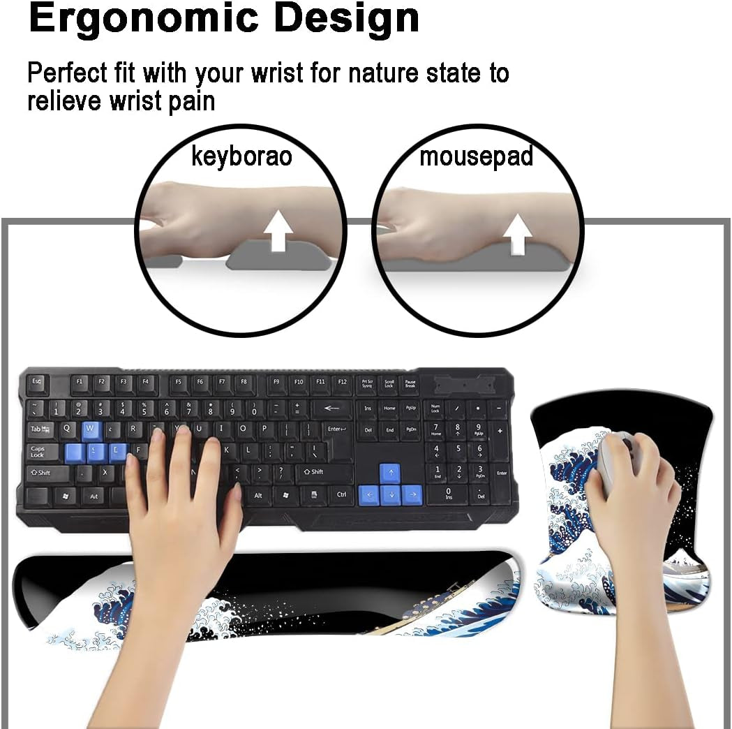 DOOKE Keyboard Wrist Rest Pad and Mouse Wrist Rest Support, Comfort Wrist Rest Pad with Non-Slip Rubber Base & Memory Foam Support for Working Gaming Fatigue Pain Relief the Great Wave