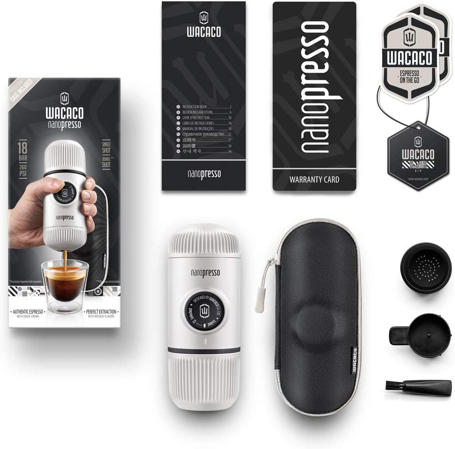 WACACO Nanopresso Portable Espresso Maker Bundled with Protective Case, Upgrade Version, Mini Travel Coffee Machine, Perfect for Camping, Travel and Office (Elements Chill White)