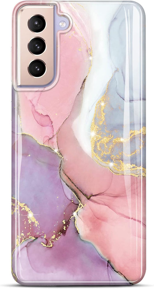 JIAXIUFEN Galaxy S21 Case Gold Sparkle Glitter Marble Slim Shockproof TPU Soft Rubber Silicone Cover Phone Case for Samsung Galaxy S21 5G 6.2 Inch 2021 Pink Purple