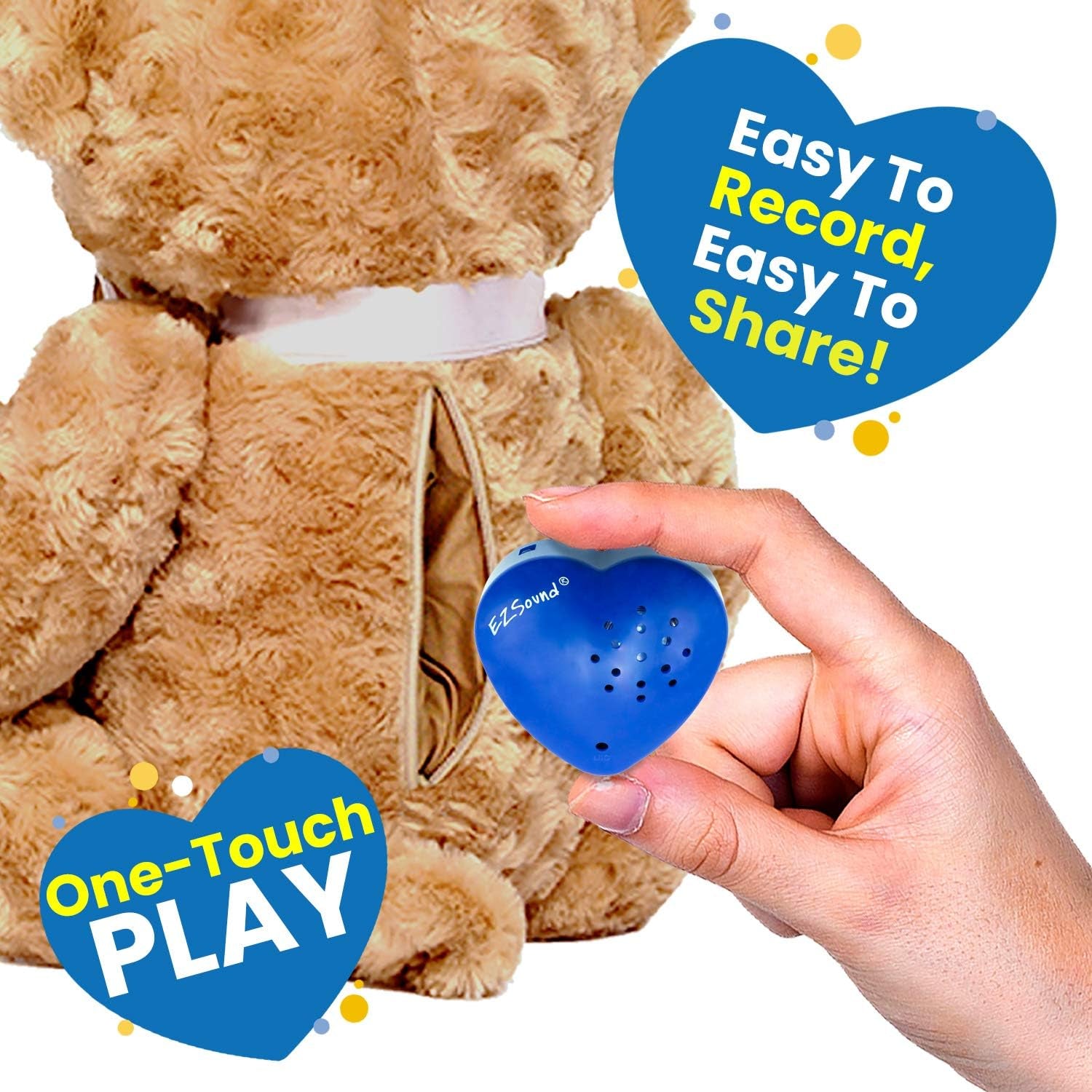 Ezsound Teddy Bear Voice Recorder | 2 Pack - 30 Seconds Toy Voice Box for Stuffed Animal | Create Your Own Recordable Gifts or Heartbeat Bear | Recording Safe Technology Heart Message Box (Blue)