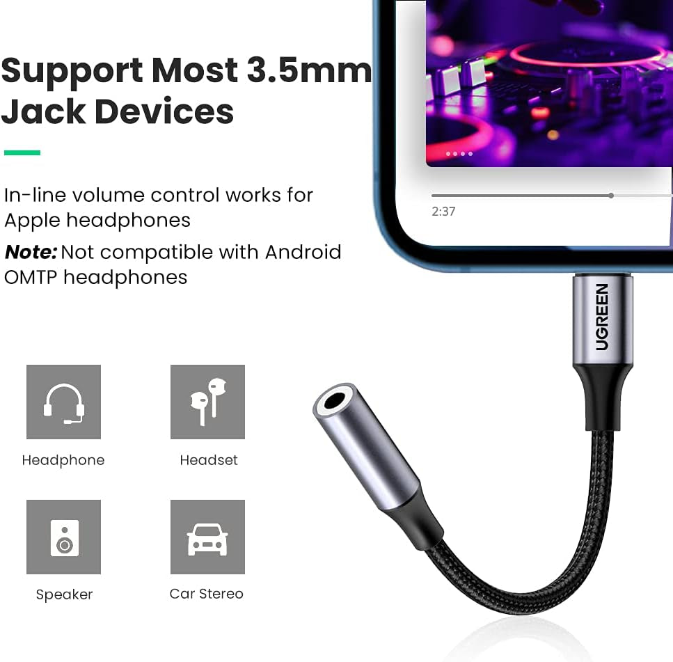 UGREEN Headphone Adapter for Iphone Lightning to 3.5Mm Adapter Apple Mfi Certified Lightning Aux Audio Jack Dongle Compatible with Iphone 14 Pro Max/14 Plus/13 12 11 Pro Max/Se/Xs, Grey