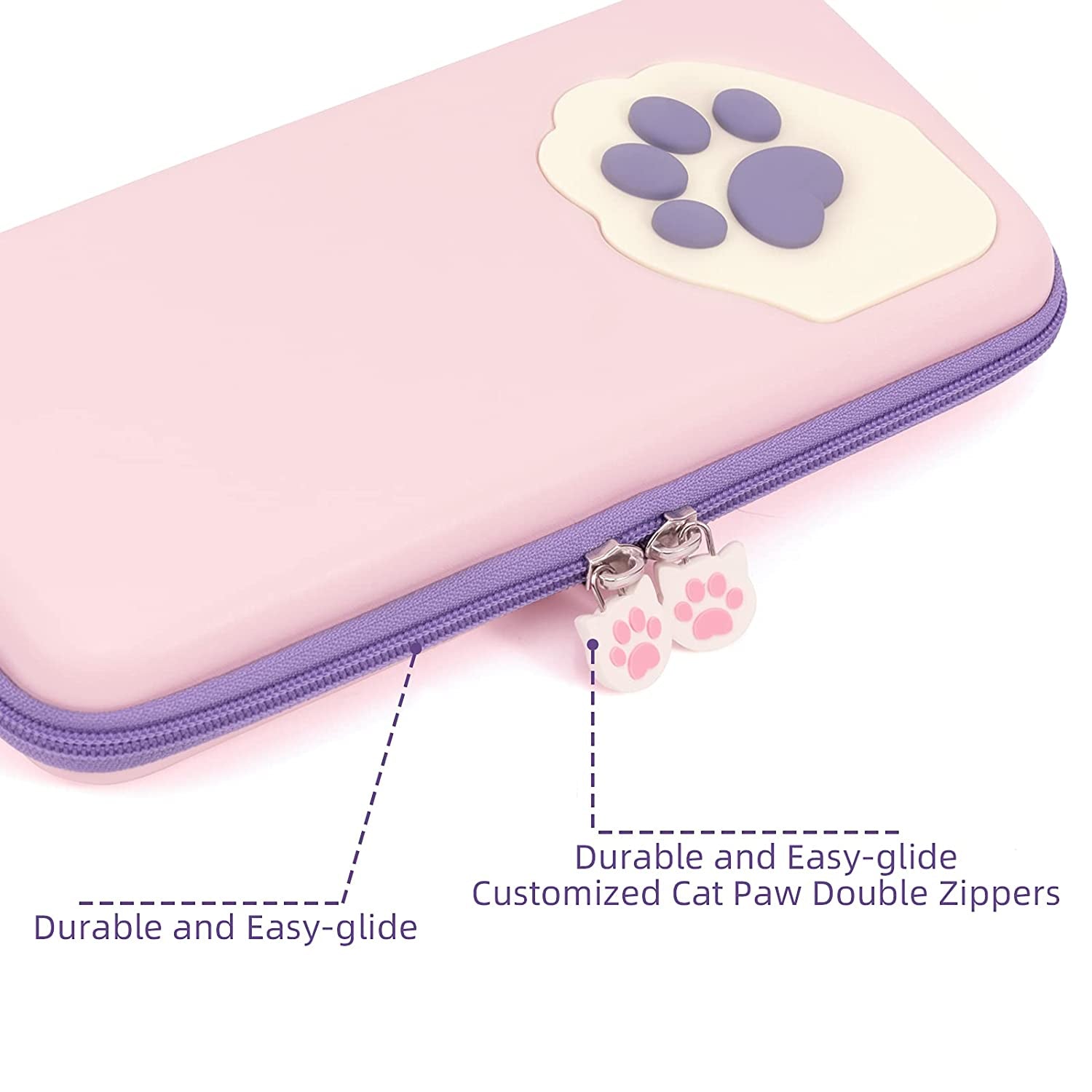 Geekshare Cute Cat Paw Case Compatible with Nintendo Switch/Switch OLED - Portable Hardshell Slim Travel Carrying Case Fit Switch Console & Game Accessories - a Removable Wrist Strap (Pink Purple)