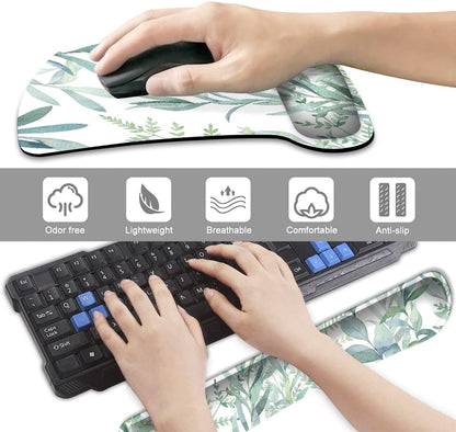 DOOKE Keyboard Wrist Rest Pad and Mouse Wrist Rest Support, Comfort Wrist Rest Pad with Non-Slip Rubber Base & Memory Foam Support for Working Gaming Fatigue Pain Relief Green Leaves