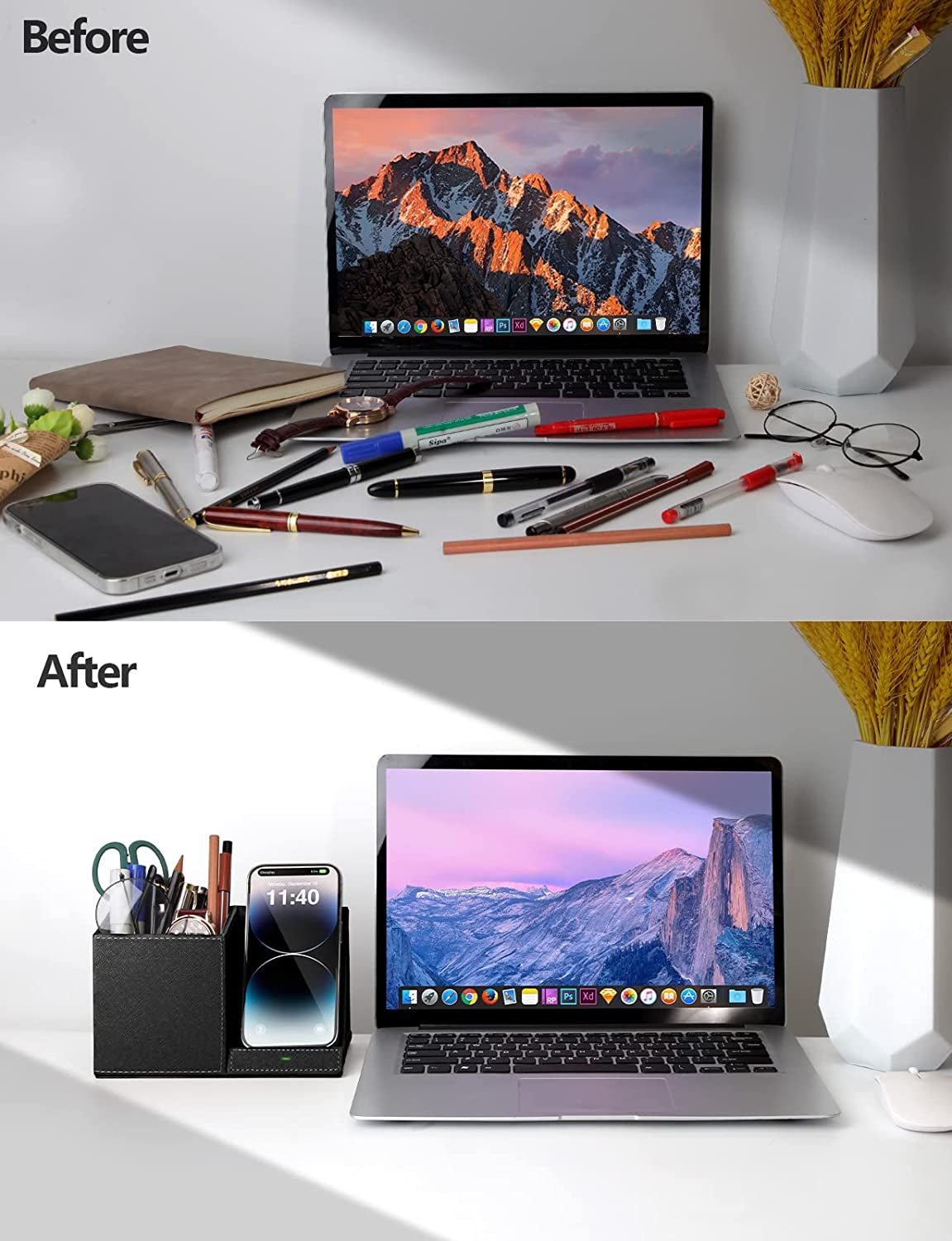 2-In-1 Pen Holder with Wireless Charger, Compatible with Iphone 16/15/14/13/12/11/8 Series, Pencil Holder Phone Stand for Desk Home Office, Men Gift Husband Wife Anniversary Dad Birthday Idea Gadget