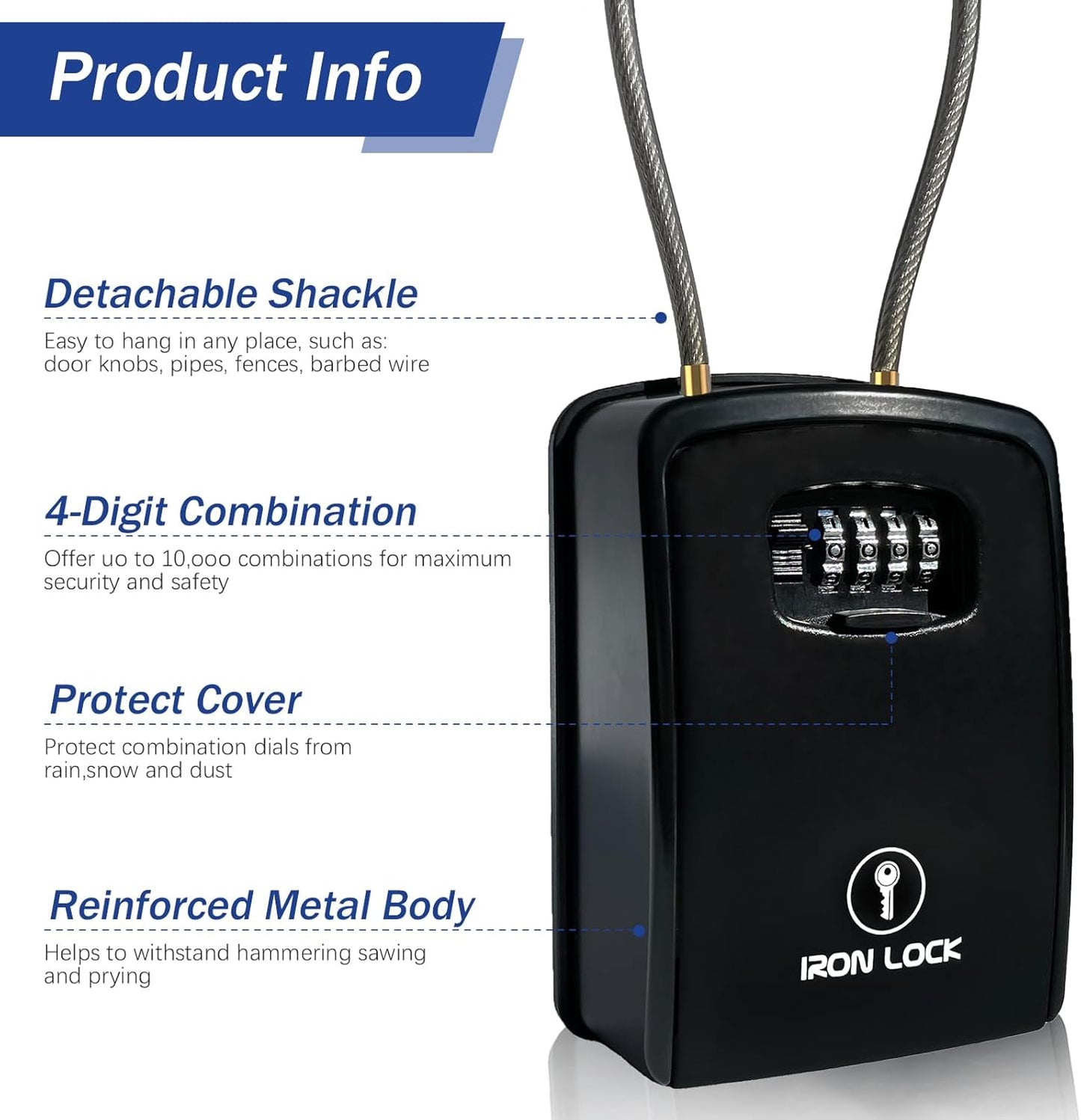 Iron Lock® XXL Key Lock Box Portable and Wall Mounted with Removable Cable Shackle Waterproof Indoor Outdoor 4 Digit Combination with Resettable Code with a B Switch Extra Large Key Lockbox Outside