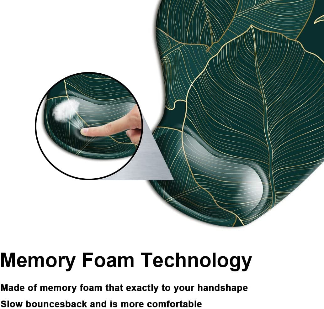 HOPONY Ergonomic Mouse Pad with Wrist Support Gel Mouse Pad with Wrist Rest, Comfortable Computer Mouse Pad for Laptop, Pain Relief Mousepad with Non-Slip Rubber Base, 9 X 10 In,Green Leaves