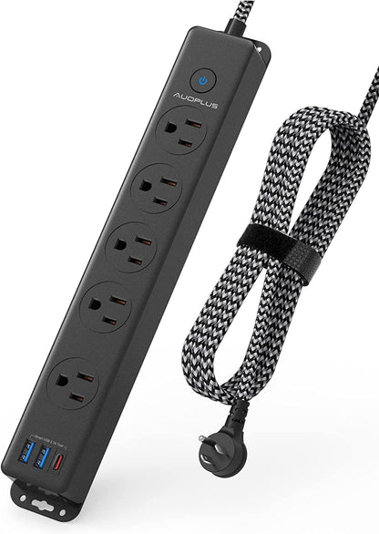 Surge Protector Power Strip with USB C Ports, 5FT Braided Extension Cord, 5 Outlets and 3 USB Ports(1 USB C), AUOPLUS Mountable Power Strips Flat Plug with Overload Protection