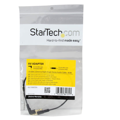 Startech.Com 1 Ft. (0.3 M) Right Angle 3.5 Mm Audio Cable - 3.5Mm Slim Audio Cable - Male/Male - Aux Cable (MU1MMSRA), Black