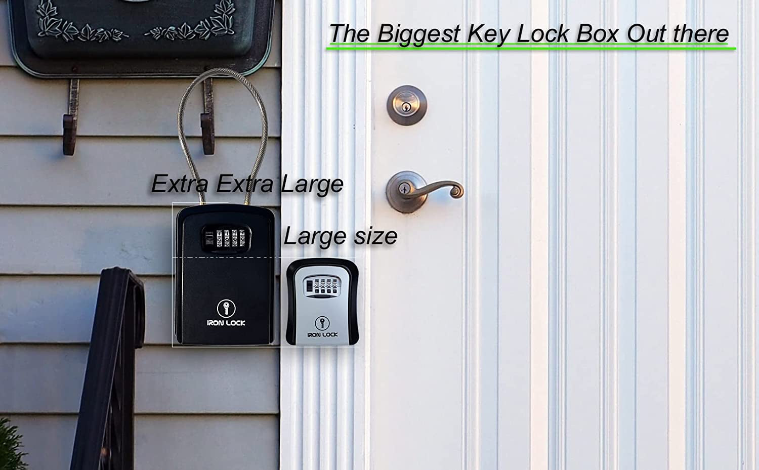 Iron Lock® XXL Key Lock Box Portable and Wall Mounted with Removable Cable Shackle Waterproof Indoor Outdoor 4 Digit Combination with Resettable Code with a B Switch Extra Large Key Lockbox Outside