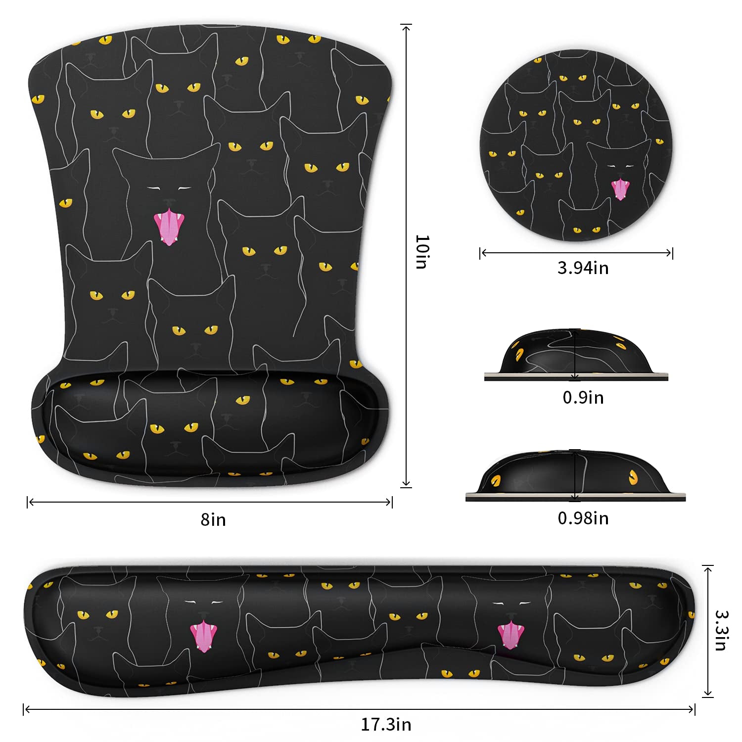 Kawaii Mouse Pad & Keyboard Wrist Rest Support Set Ergonomic Memory Foam Non-Slip Rubber Base Cute Mouse Mat Coaster for Home,Computer,Office Easy Typing and Relieve Wrist Pain - Black Cats