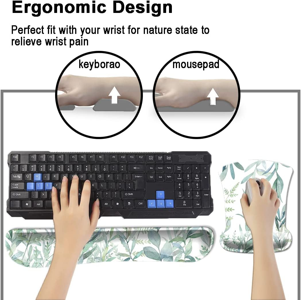 DOOKE Keyboard Wrist Rest Pad and Mouse Wrist Rest Support, Comfort Wrist Rest Pad with Non-Slip Rubber Base & Memory Foam Support for Working Gaming Fatigue Pain Relief Green Leaves