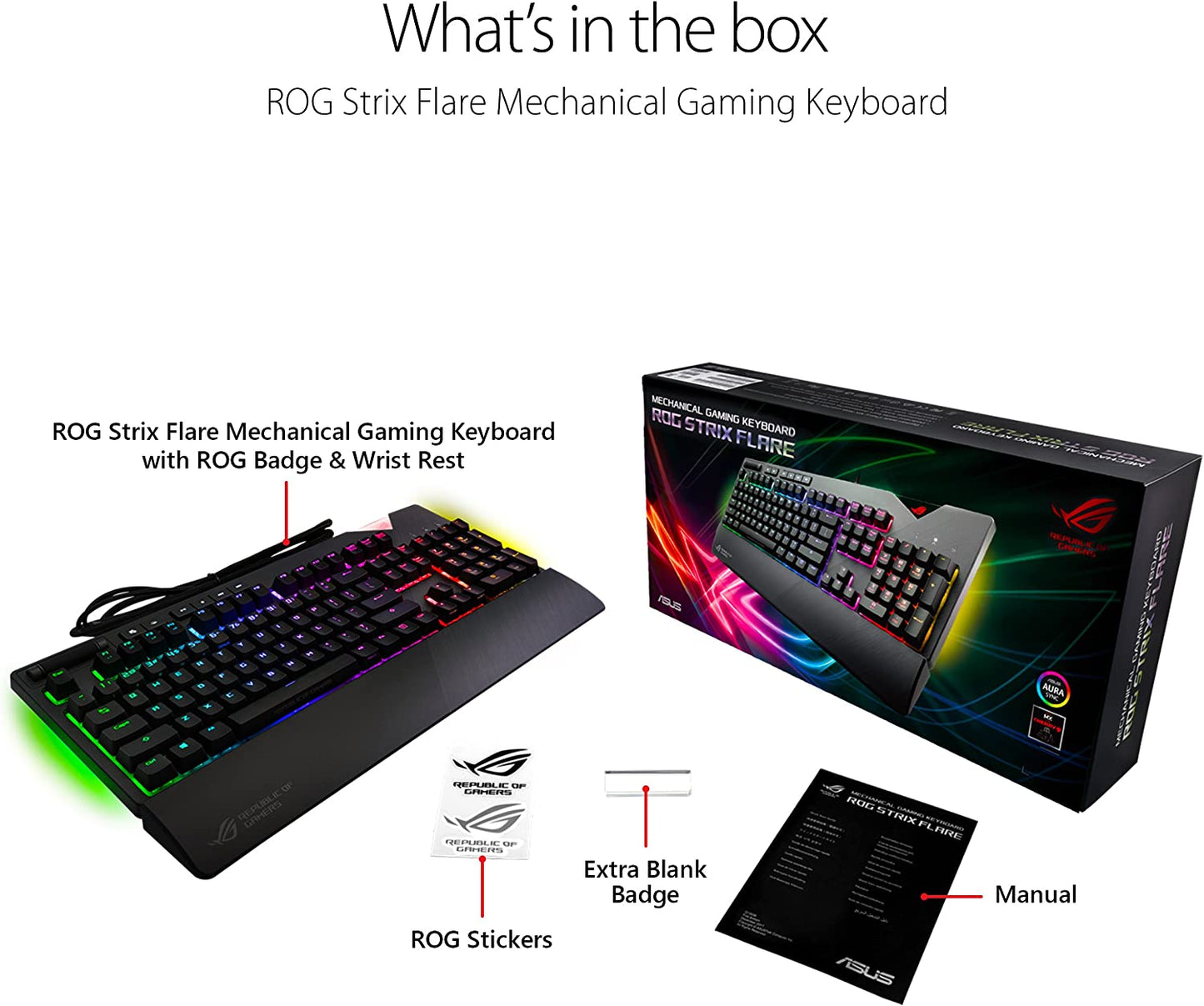 ASUS ROG Strix Flare RGB Mechanical Gaming Keyboard with Cherry MX Brown Switches, Customizable Badge, USB Pass-Through, and Media Controls