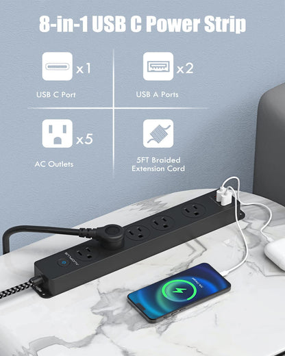 Surge Protector Power Strip with USB C Ports, 5FT Braided Extension Cord, 5 Outlets and 3 USB Ports(1 USB C), AUOPLUS Mountable Power Strips Flat Plug with Overload Protection