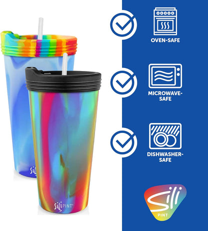 Silipint 22-Ounce Silicone Tumbler Cups with Lids and Straws, Unbreakable, Reusable, and Versatile Cups for Travel, Hiking, Camping, Sports, and Outdoors, Arctic Sky & Hippy Hop, Pack of 2