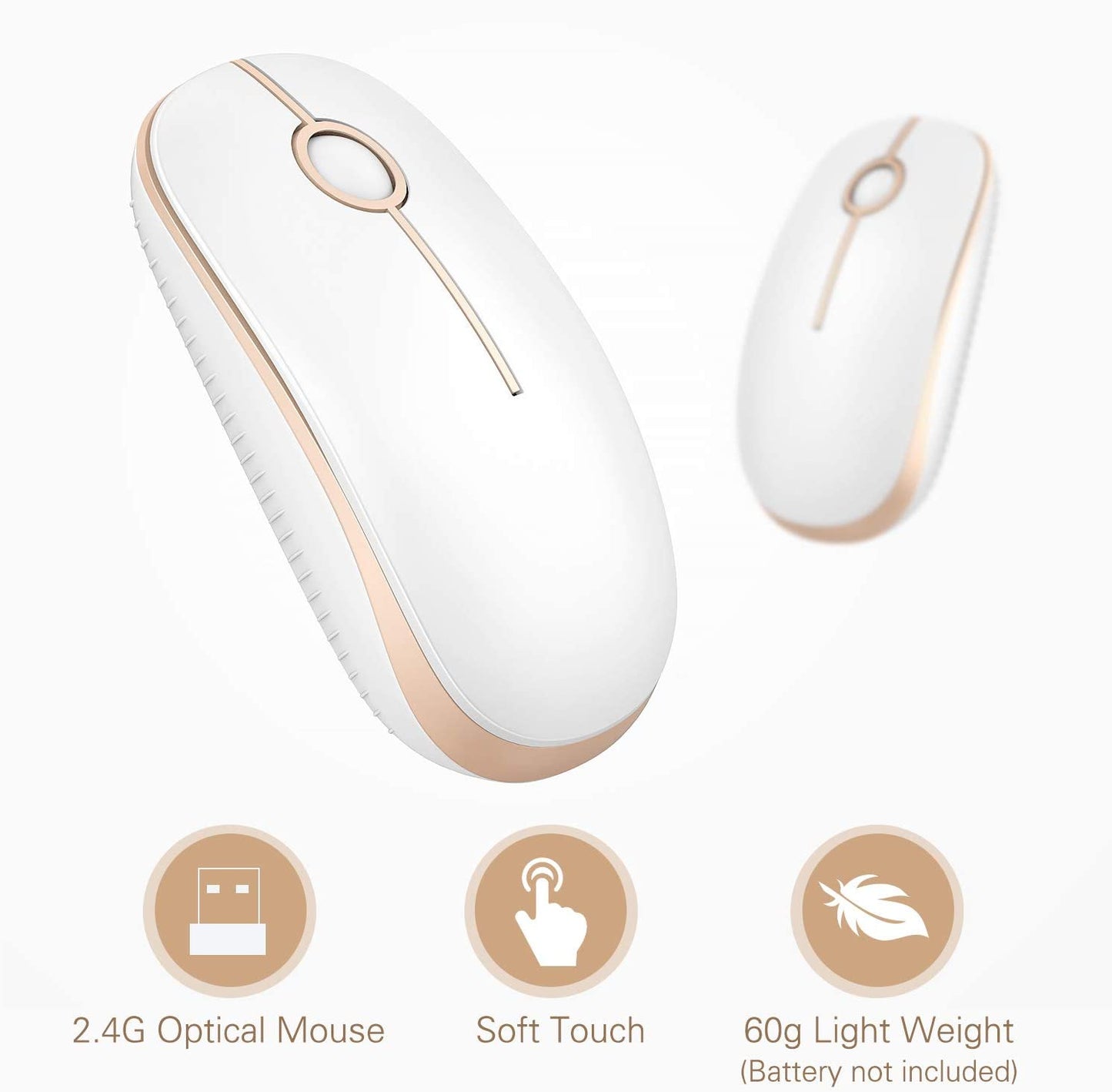 Vssoplor Wireless Mouse, 2.4G Slim Portable Computer Mice with Nano Receiver for Notebook, PC, Laptop, Computer (White and Gold)