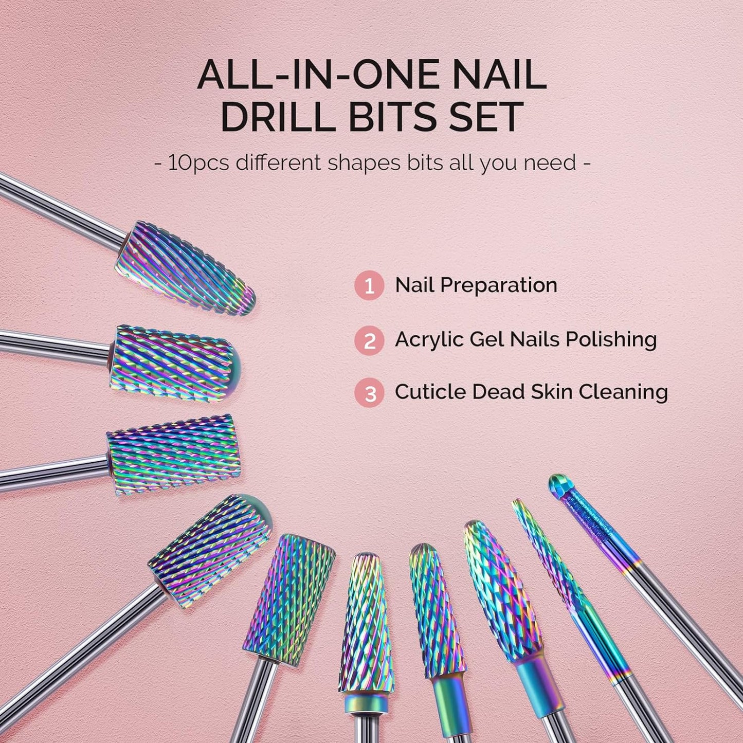 Melodysusie Nail Drill Bits Set, 10Pcs Tungsten Carbide Nail Bits for Nail Drill E-File, 3/32 Inch Bits Manicure Pedicure Remover Tools for Acrylic Gel Nails, Salon Home Nail Care Supplies, Colorful