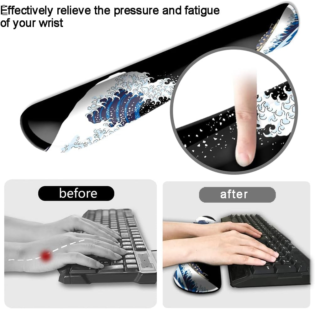 DOOKE Keyboard Wrist Rest Pad and Mouse Wrist Rest Support, Comfort Wrist Rest Pad with Non-Slip Rubber Base & Memory Foam Support for Working Gaming Fatigue Pain Relief the Great Wave